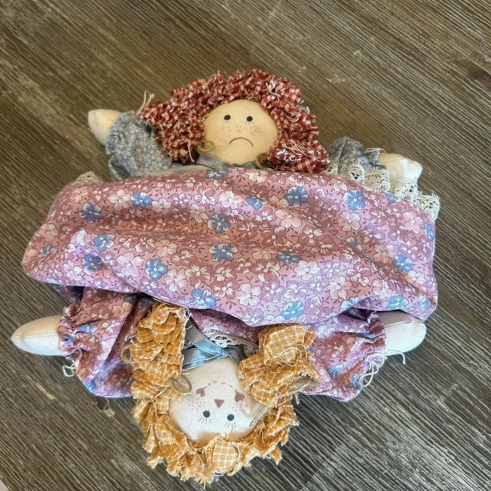 Vintage Handmade Primitive Rag Doll Reversible Happy Sad Cloth Doll Floral 10